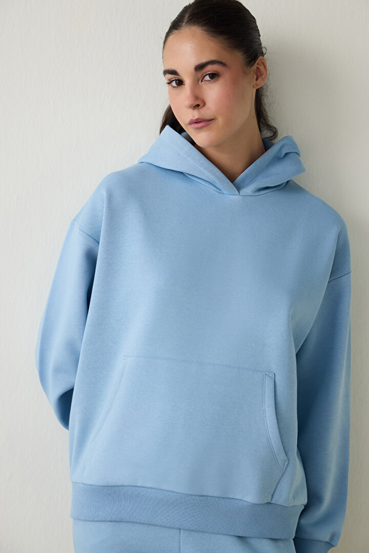 Mavi Oversize Kapüşonlu Aktif Sweatshirt - 1