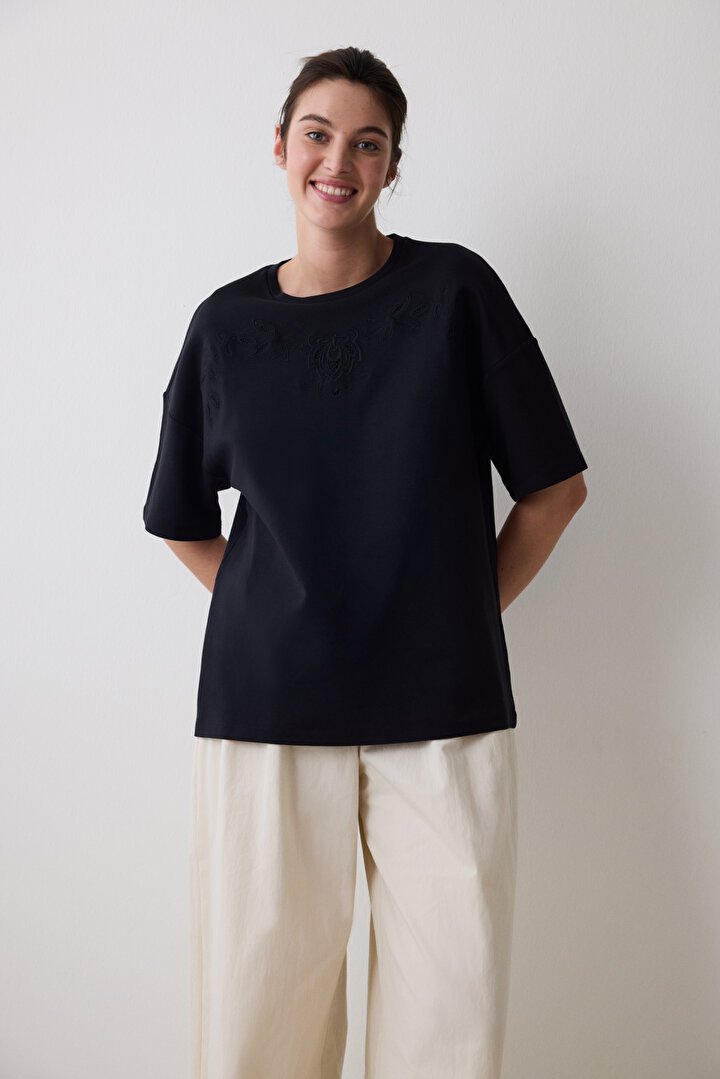 Brode Detailed Oversize Black Tshirt - 2