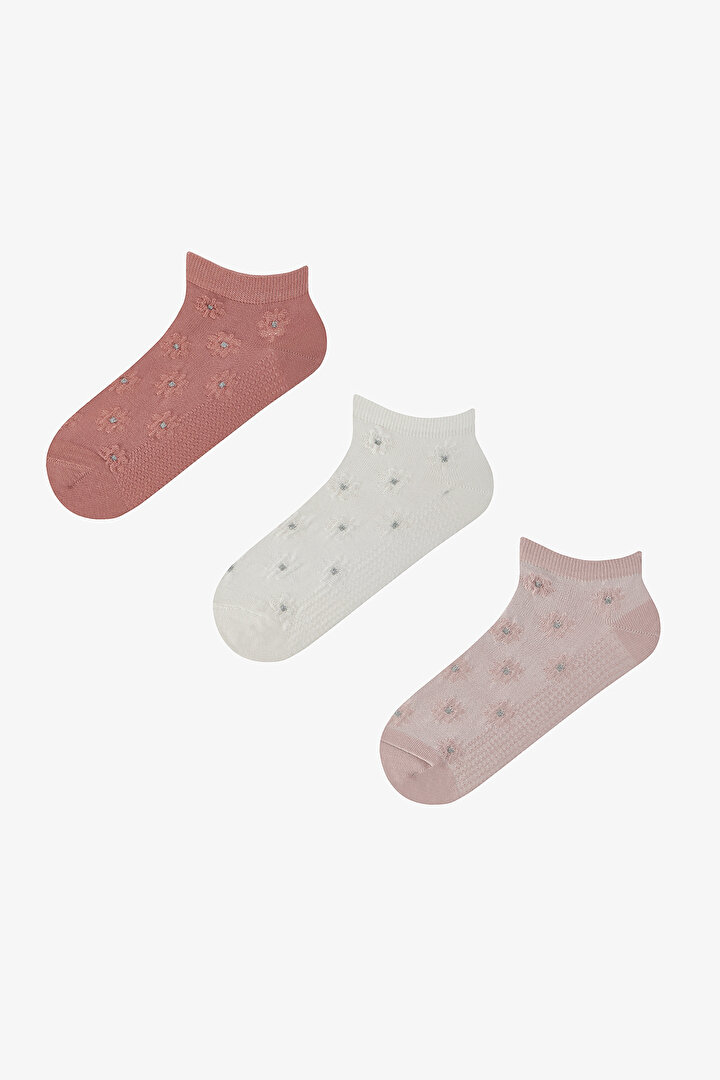 3 Çift Pamuklu Kabartma Çiçek Desenli Patik Çorap - 1