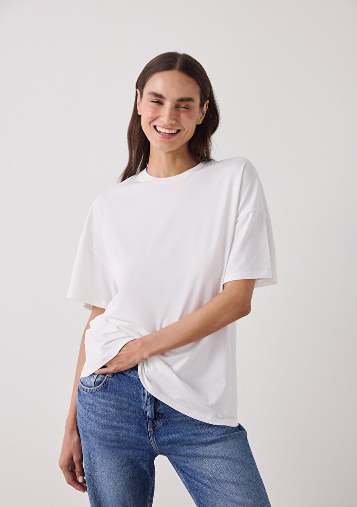 Off White Crew Neck Basic Oversize T-Shirt - 2