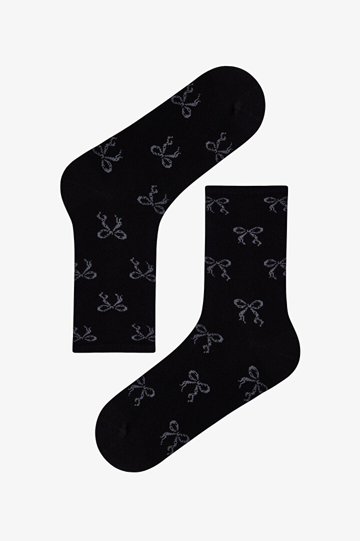 Gri Ribbon Heart Fiyonk Desenli Pamuklu 3 Çift Soket Çorap - 2