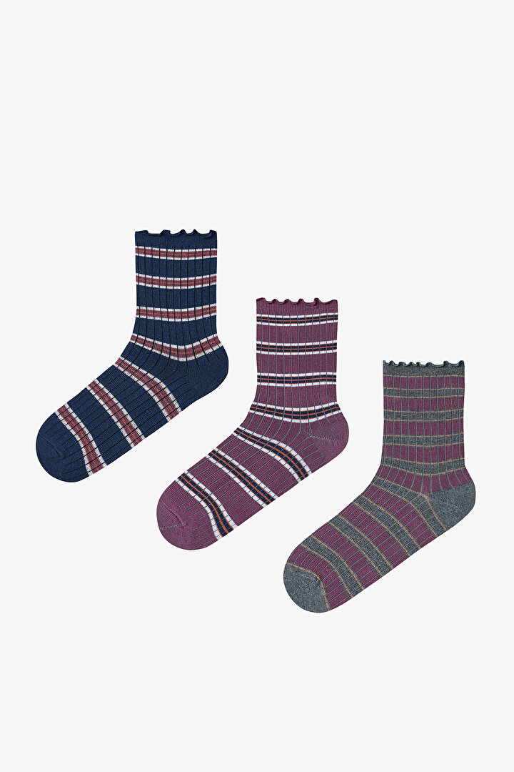Kahve Lacivert Ruffled Stripe 3lü Soket Çorap - 1