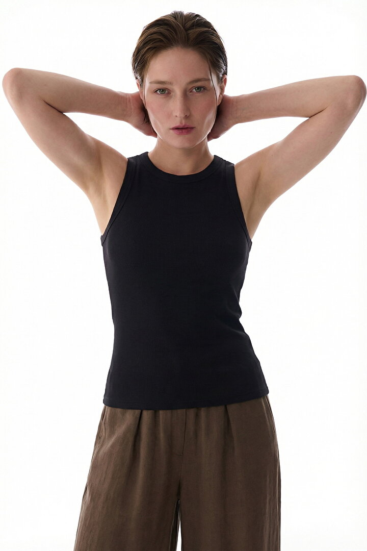 Black Halter Neck Rib Tank Top - 1
