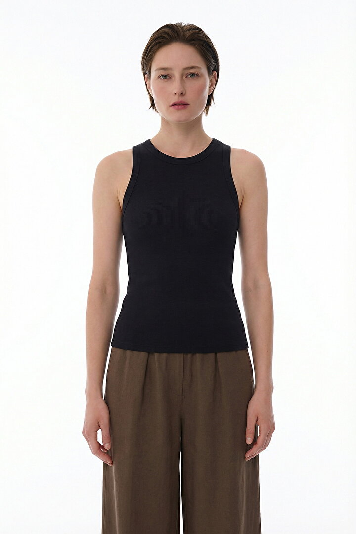 Black Halter Neck Rib Tank Top - 2