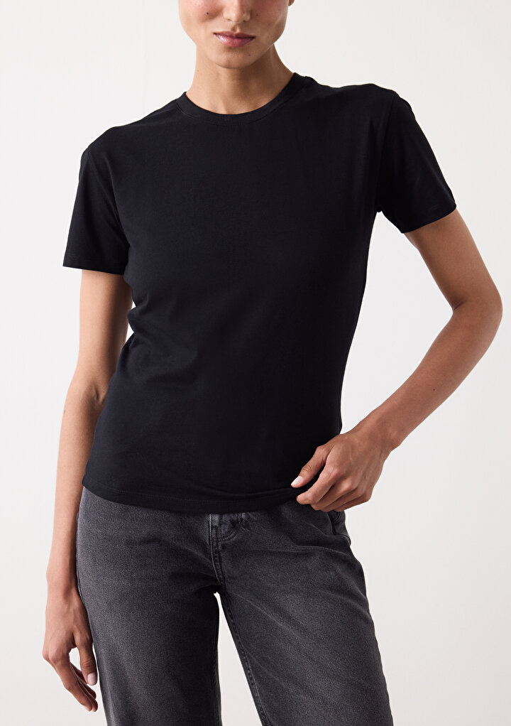 Siyah Bisiklet Yaka Slim Fit Pamuklu Tişört - 1
