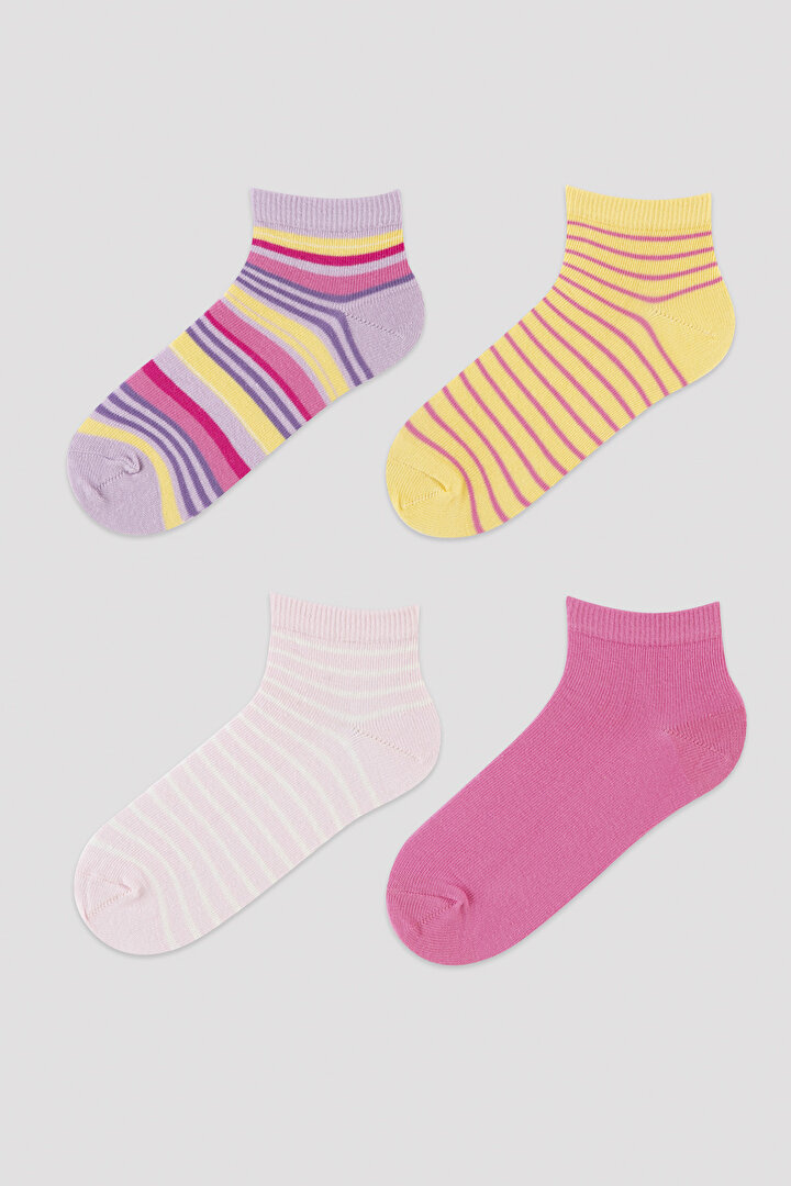 Kız Çocuk Pembe Çizgili 4lü Patik Çorap - 1