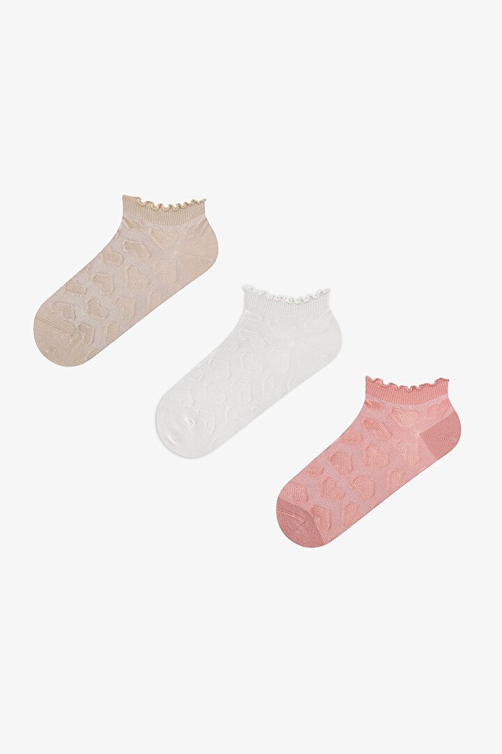 3 Çift Burun Dikişsiz Pamuklu Renkli Kendinden Kalp Desenli Fırfırlı Patik Çorap - 1