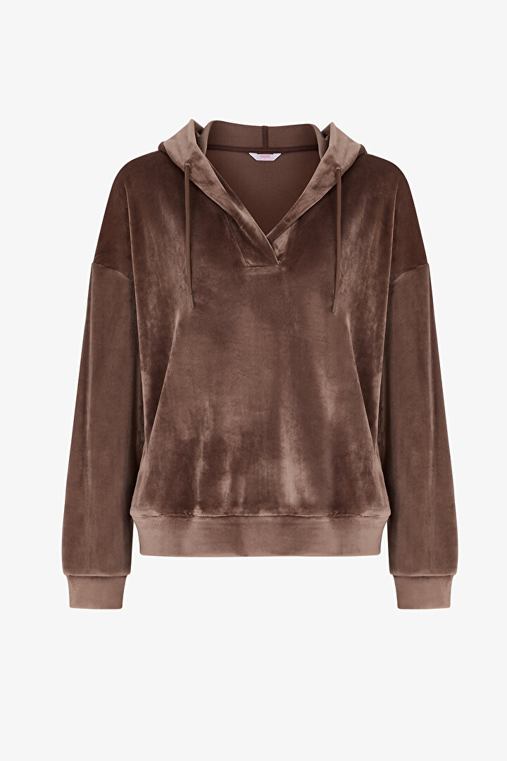 Beige Soft Velvet V Neck Long Sleeve Sweatshirt - 1