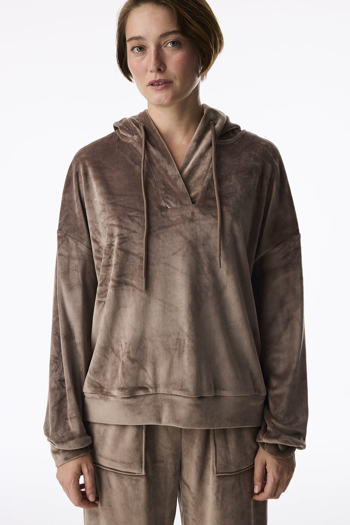 Bej Soft Kadife V Yaka Uzun Kollu Sweatshirt - 2