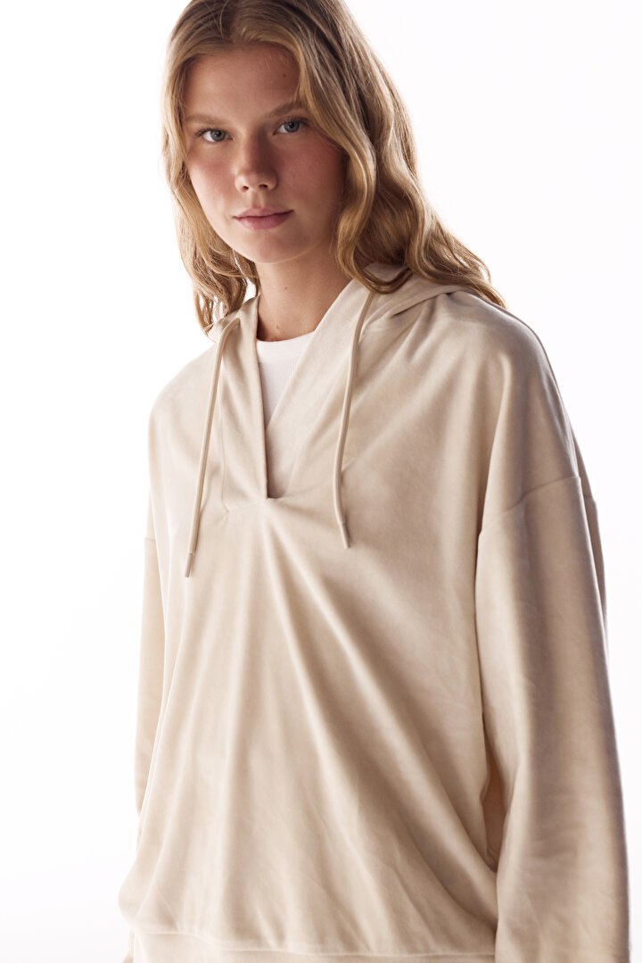 Beige Soft Velvet V Neck Long Sleeve Sweatshirt - 1