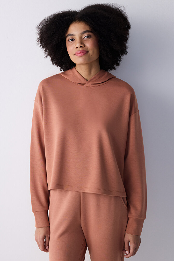 Açık Kahve Kapüşonlu Silky Touch Sweatshirt_0