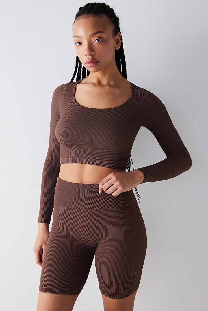 Seamless Ribbed Active Brown Top - 1