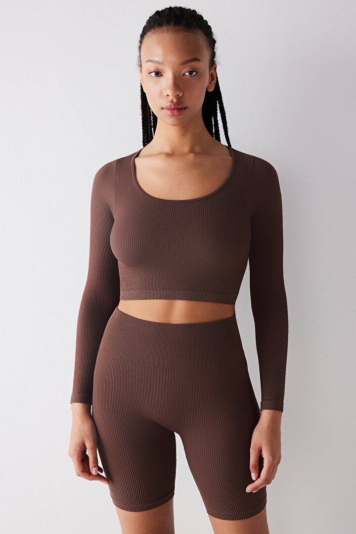 Seamless Ribbed Active Brown Top - 2