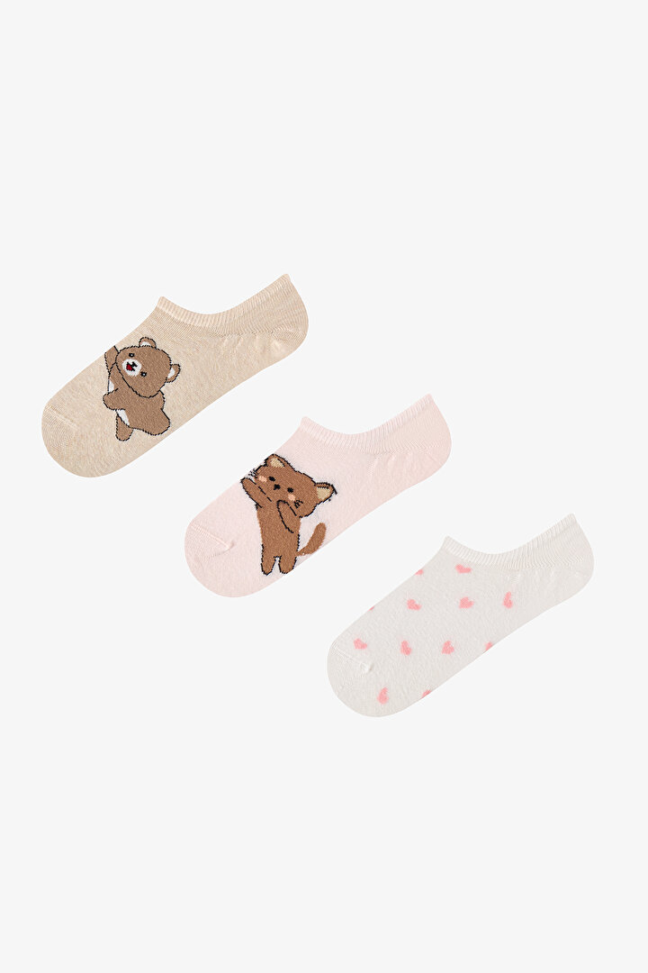 Kahve Pembe Lovely Bear Pamuklu 3 Çift Sneaker Çorap - 1