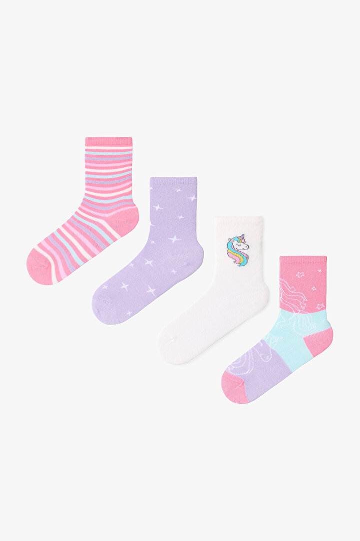 Çok Renkli Kız Çocuk Galaxy Unicorn 4lü Soket Çorap - 1