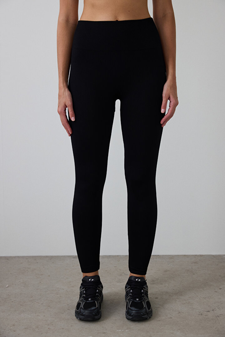 Black Seamless Ribbed Warm High Waist Leggings - 1