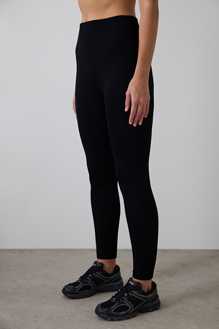 Black Seamless Ribbed Warm High Waist Leggings - 2