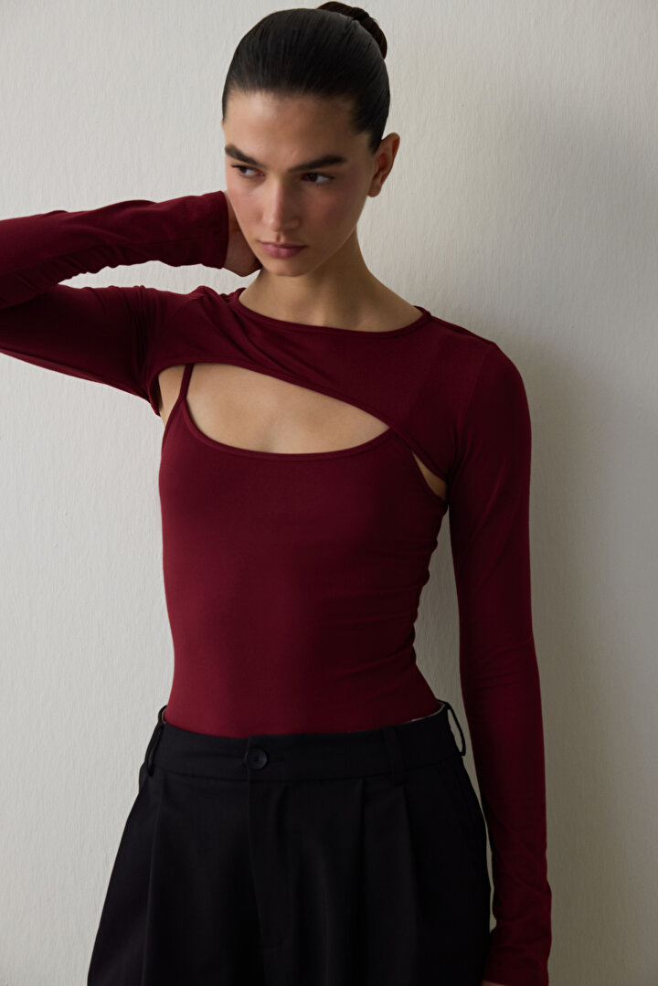 Bordo Bisiklet Yaka Uzun Kollu Pencere Detaylı Bodysuit - 1