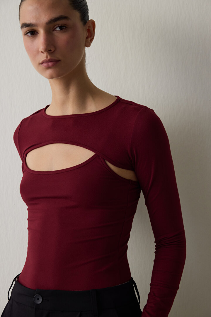 Bordo Bisiklet Yaka Uzun Kollu Pencere Detaylı Bodysuit - 2