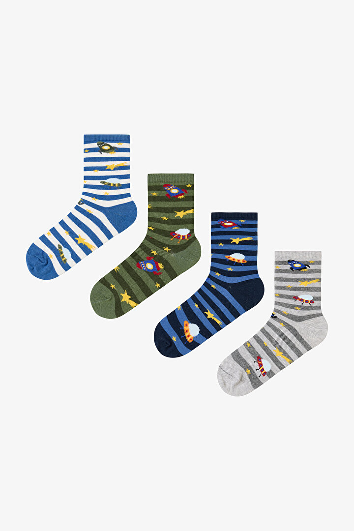 Çok Renkli Erkek Çocuk Stripe Spacecraft 4lü Soket Çorap - 1
