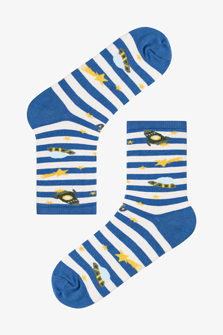 Çok Renkli Erkek Çocuk Stripe Spacecraft 4lü Soket Çorap - 2