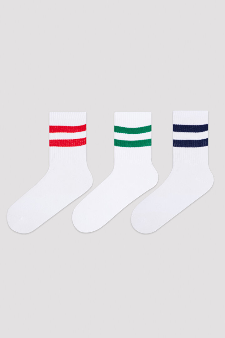 White Colorful Stripe 3in1 Tennis Soket Socks - 1