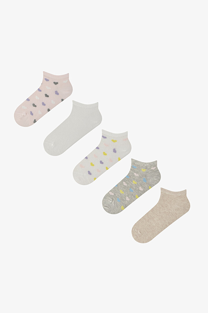 5 Çift Pamuklu Renkli Kalp Desenli Patik Çorap - 1