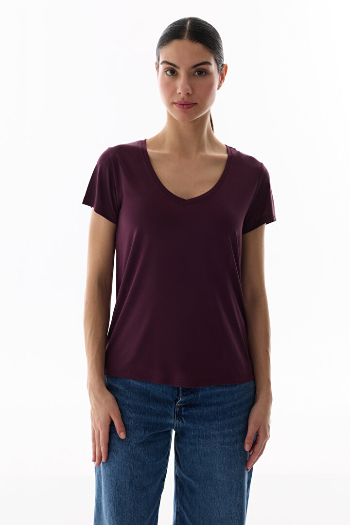Burgundy Modal V Neck T Shirt - 1