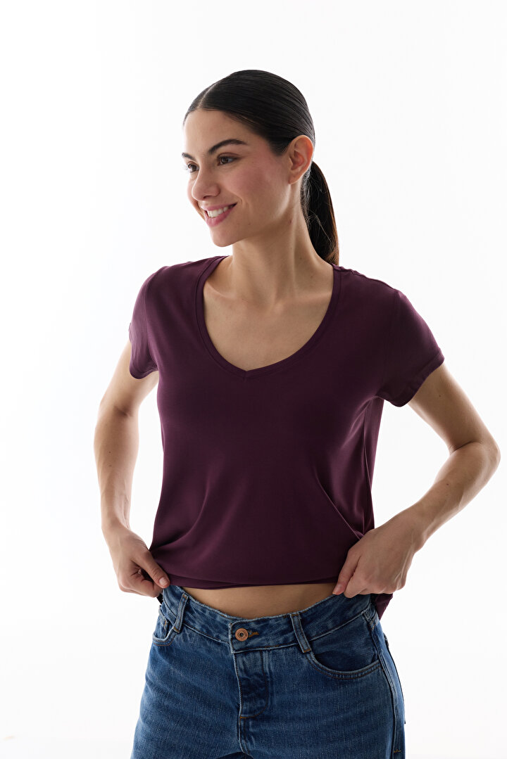Burgundy Modal V Neck T Shirt - 2