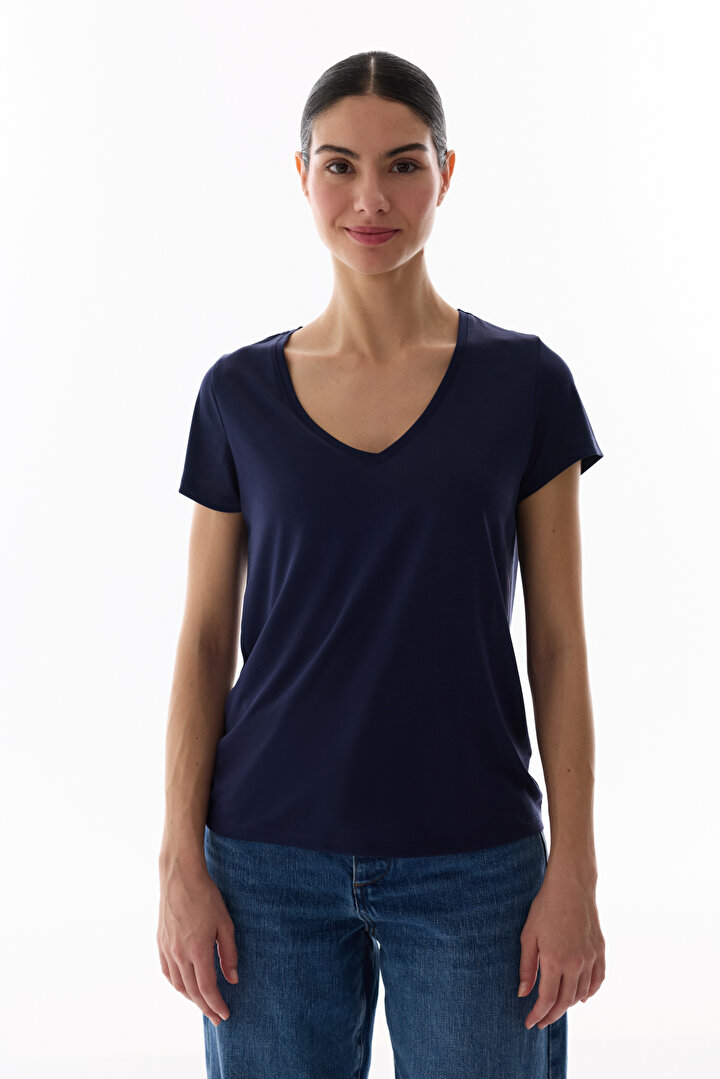 Navy Modal V Neck T Shirt - 1