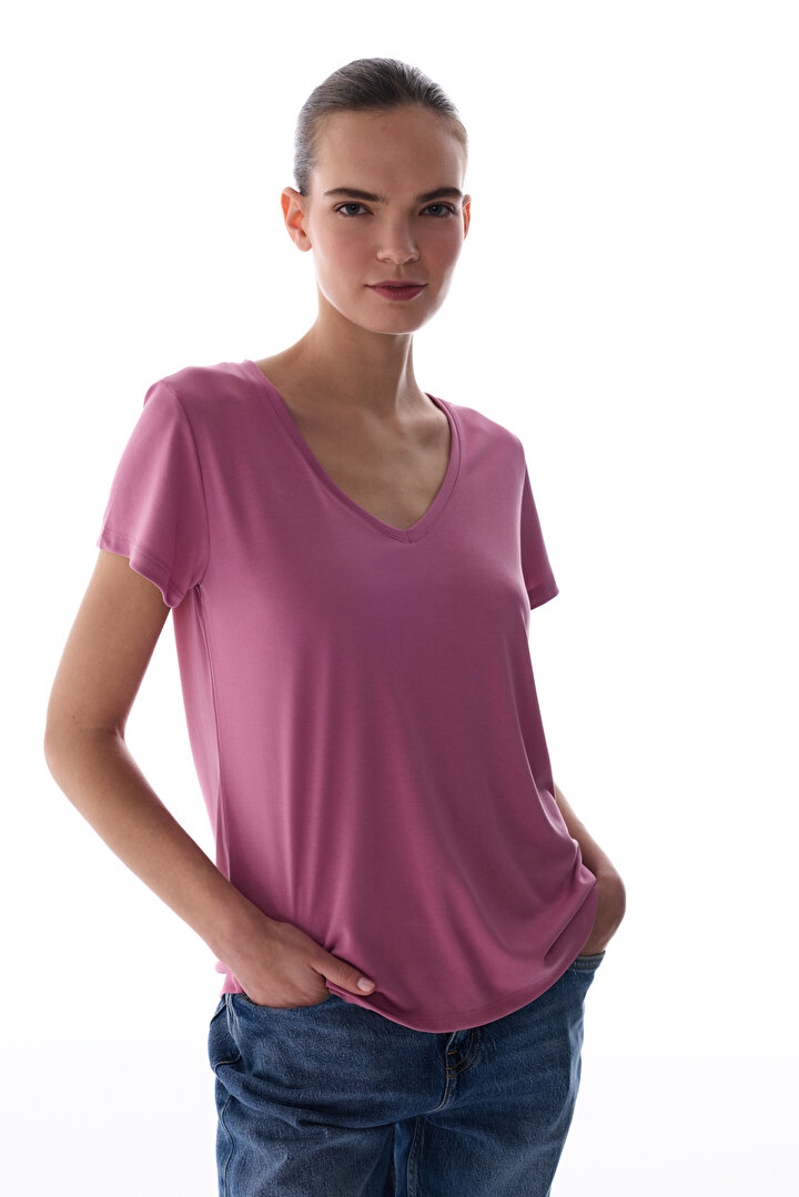 Rose Pink Modal V Neck T Shirt - 1