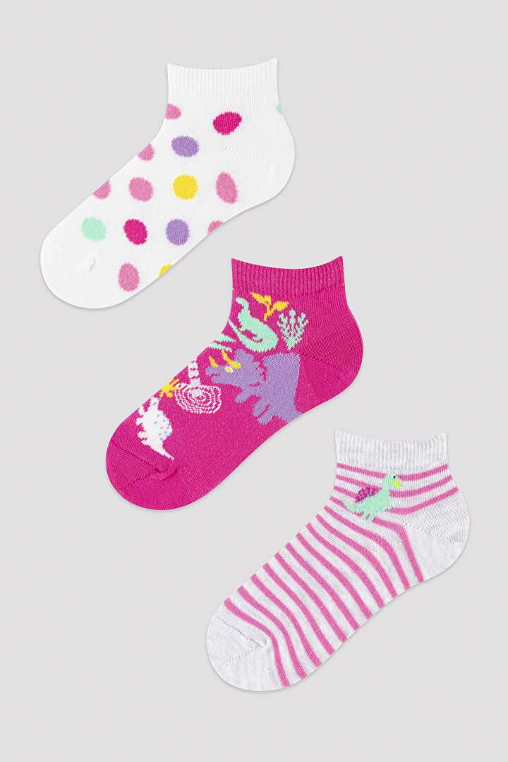 Çok Renkli Kız Çocuk Safari Desenli 3lü Patik Çorap - 1