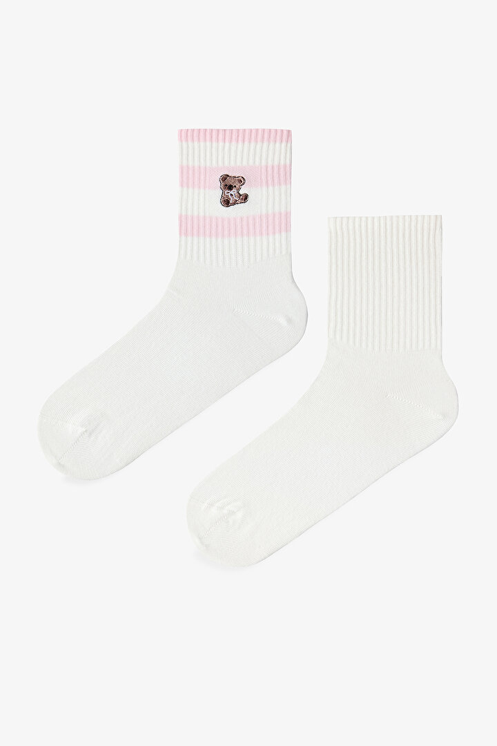 2 Çift Burun Dikişsiz Pamuklu Ayıcık Nakışlı Soket Çorap - 1