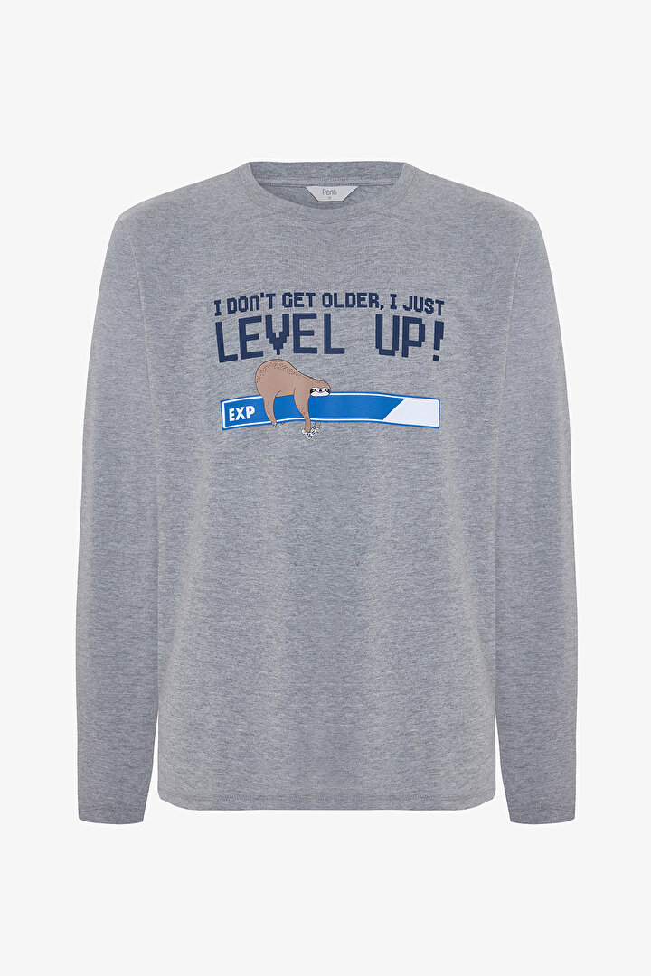 Man Level Slogan Printed Crew Neck Long Sleeve Pajama Set - 2