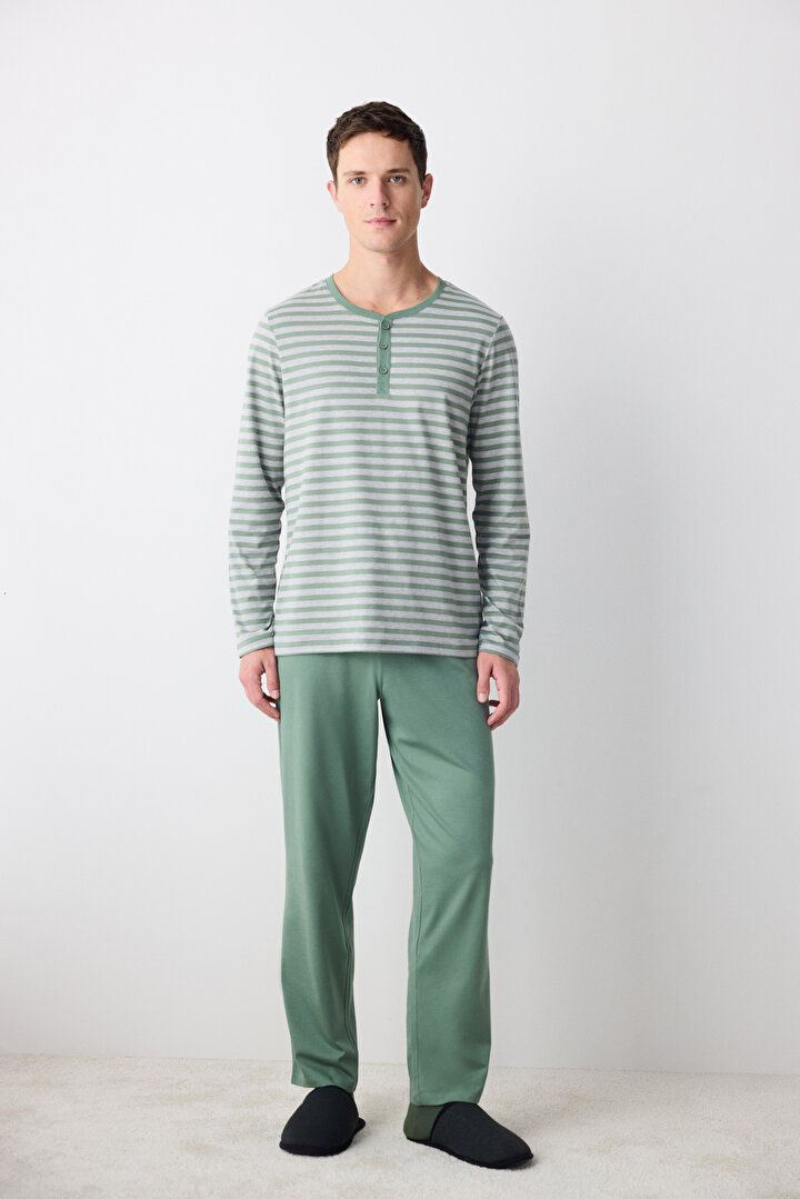 Green Stripe Yeşil Pantolon Pijama Takımı - 1