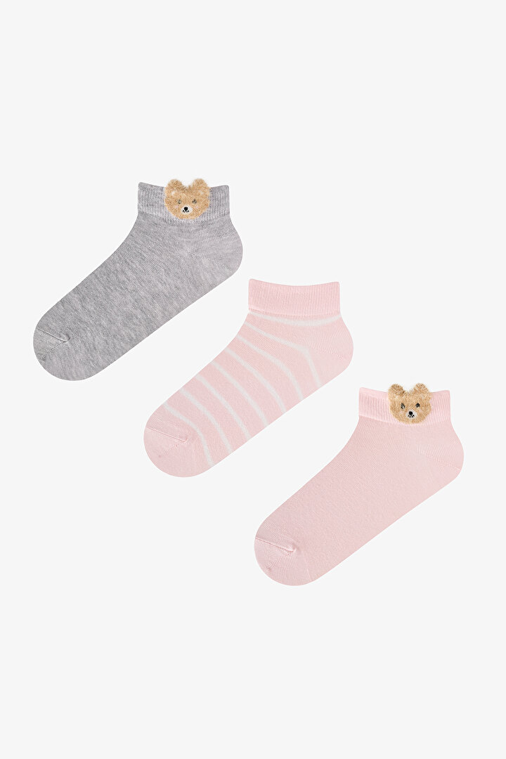 Beyaz Gri Pembe Cute Teddy Bear Pamuklu 3 Çift Patik Çorap - 1