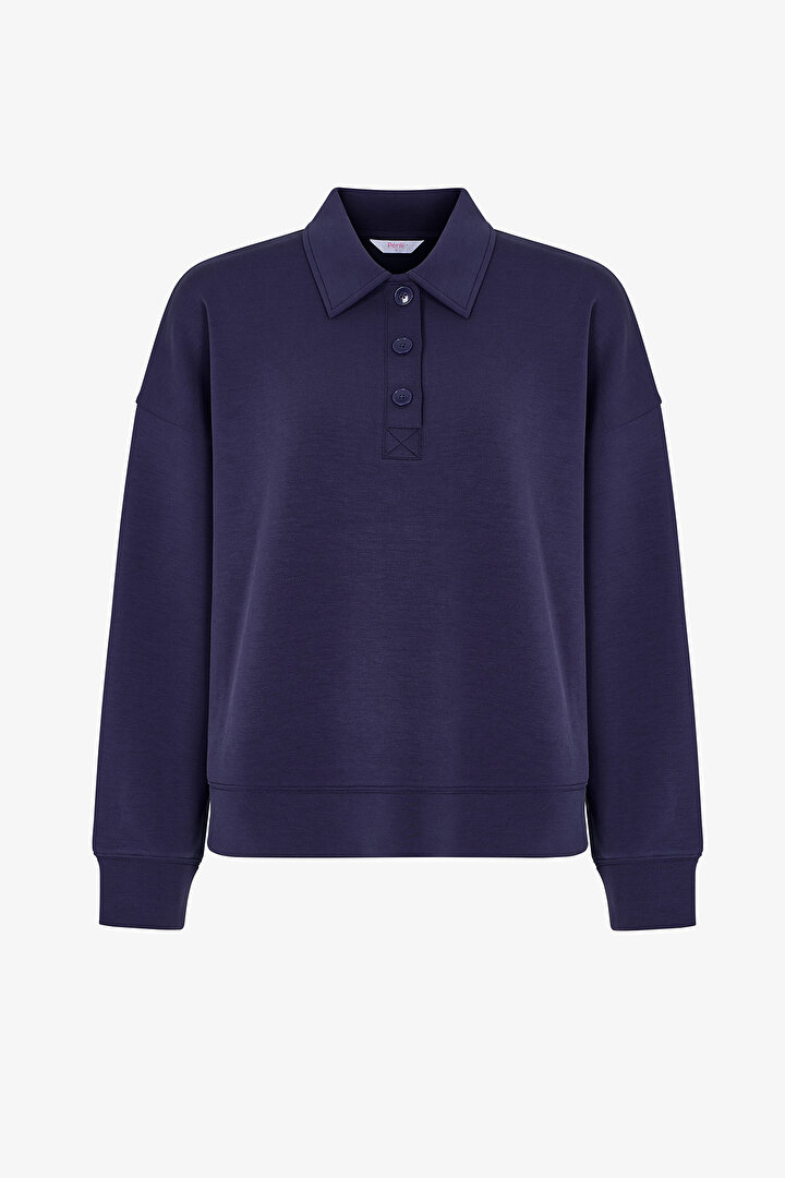 Mavi Modal Polo Yaka Düğmeli Sweatshirt - 1