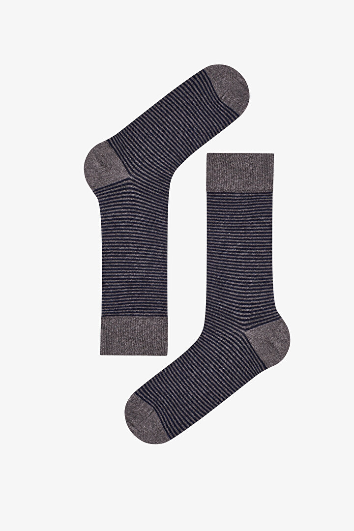 Erkek Lacivert Melanj Pinestripe Pamuklu 5 Çift Soket Çorap - 2