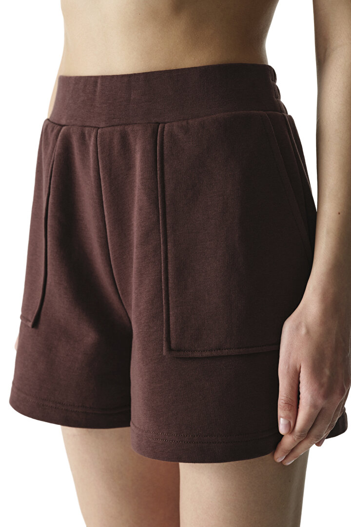 Brown Pocket High-Waisted Adjustable Waist Cotton Shorts - 1