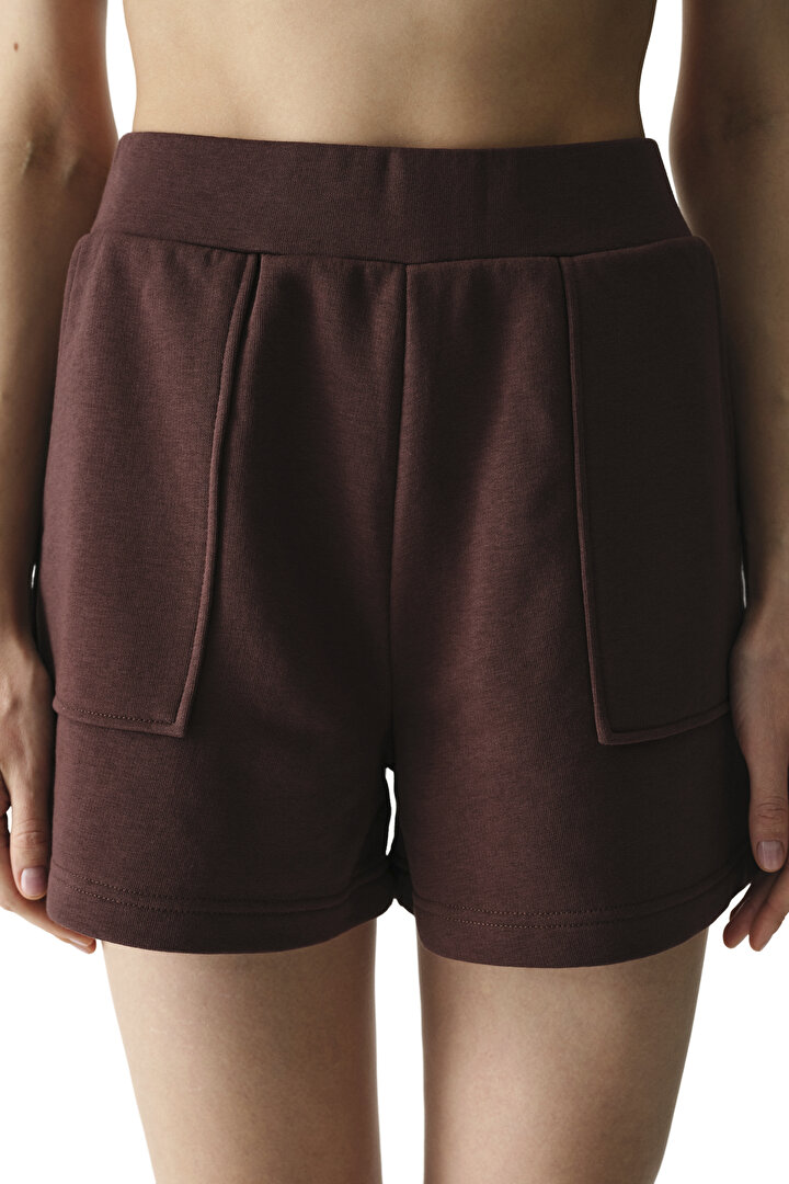 Brown Pocket High-Waisted Adjustable Waist Cotton Shorts - 2