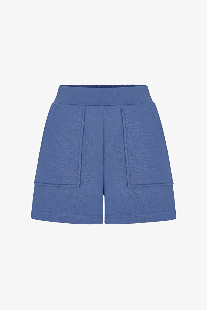 Mavi Cepli Yüksek Bel Ayarlanabilir Bel Pamuklu Şort - 1