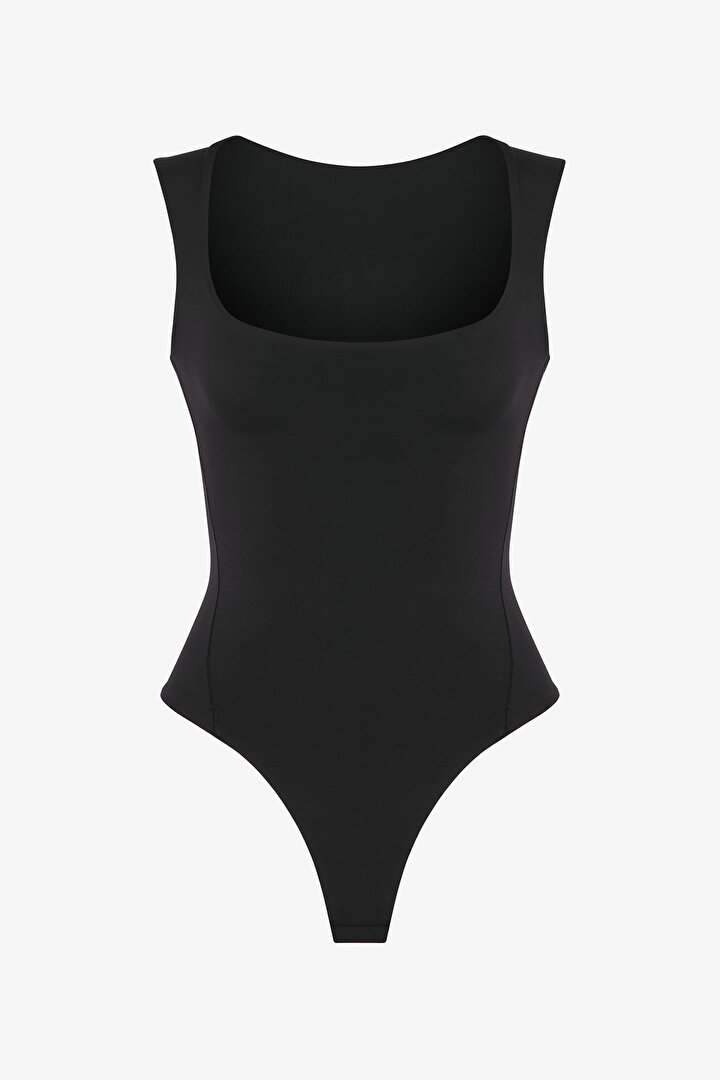 Black U-Neck Soft Texture Bodysuit - 1