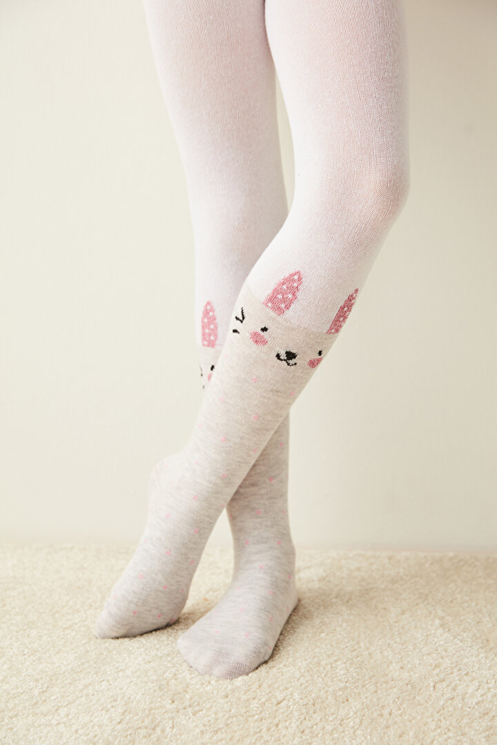 Beyaz Kız Çocuk Kedi Baskılı Külotlu Çorap - 1