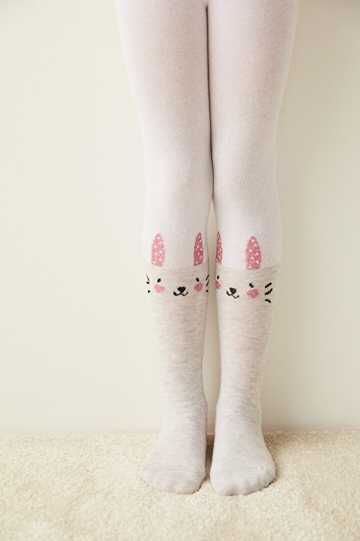 Beyaz Kız Çocuk Kedi Baskılı Külotlu Çorap - 2
