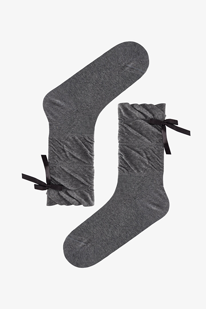 Antrasit Draped Ribbon Pamuklu Soket Çorap - 1