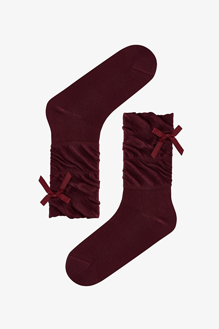 Bordo Draped Ribbon Pamuklu Soket Çorap - 1