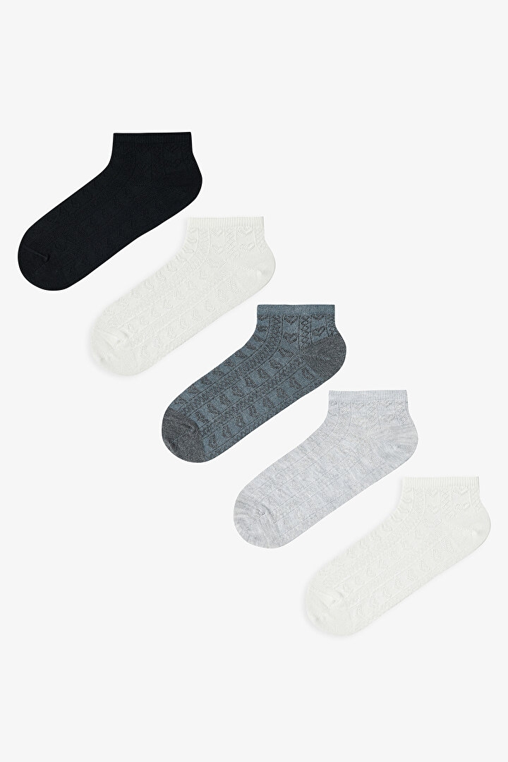 Siyah - Gri Heart Jacquard 5'li Patik Çorap - 1