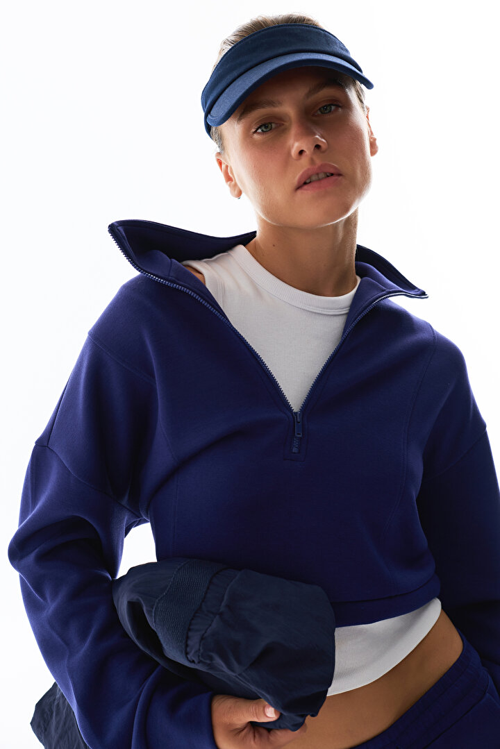Lacivert İpeksi Dokunuş Silky Touch Yarım Fermuarlı Uzun Kollu Sweatshirt - 1