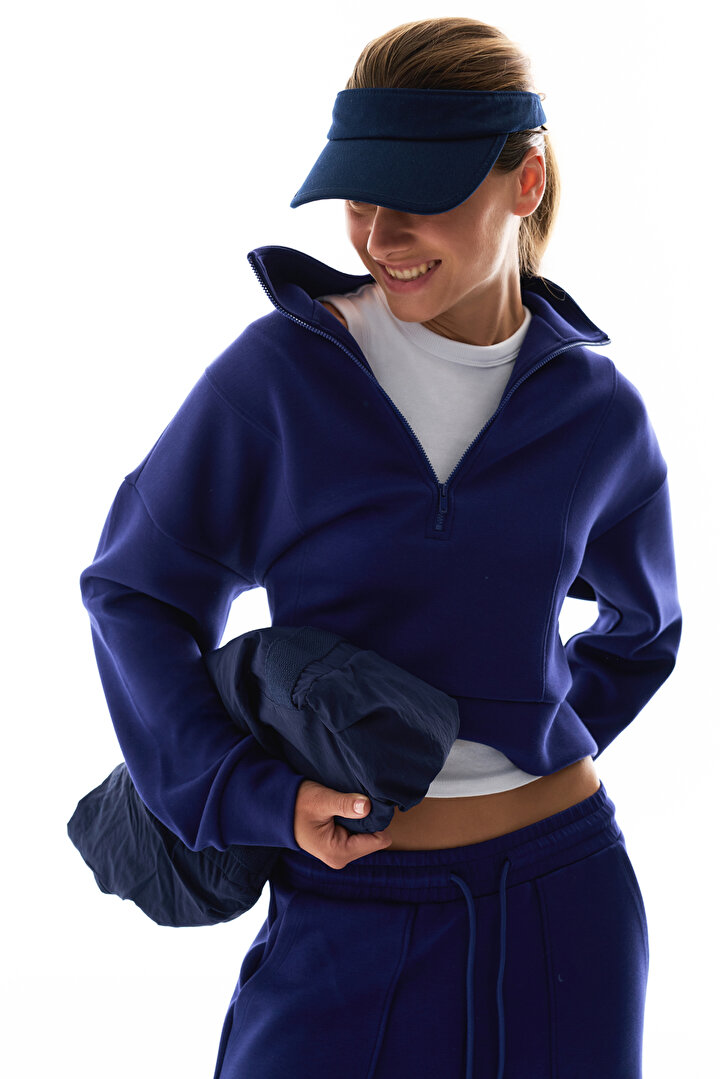 Lacivert İpeksi Dokunuş Silky Touch Yarım Fermuarlı Uzun Kollu Sweatshirt - 2
