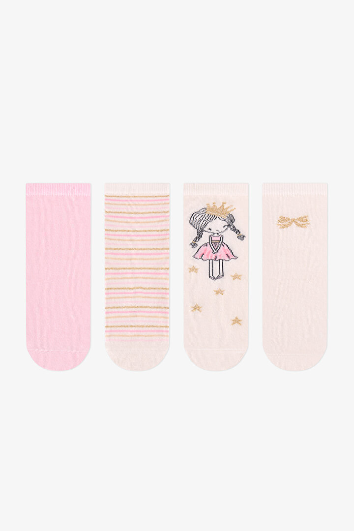 Girls' Pink Sparkle Princess Princess Print Cotton 4 Pack Ankle Socks - 1